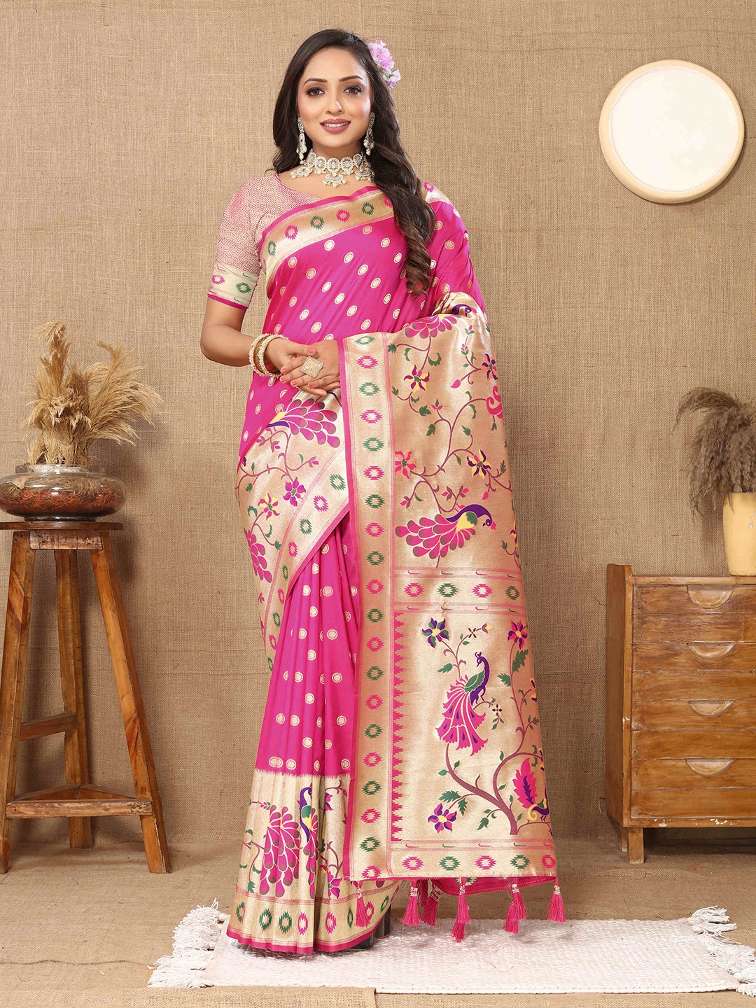 

PHEASANT Ethnic Motifs Woven Design Zari Pure Silk Saree, Pink