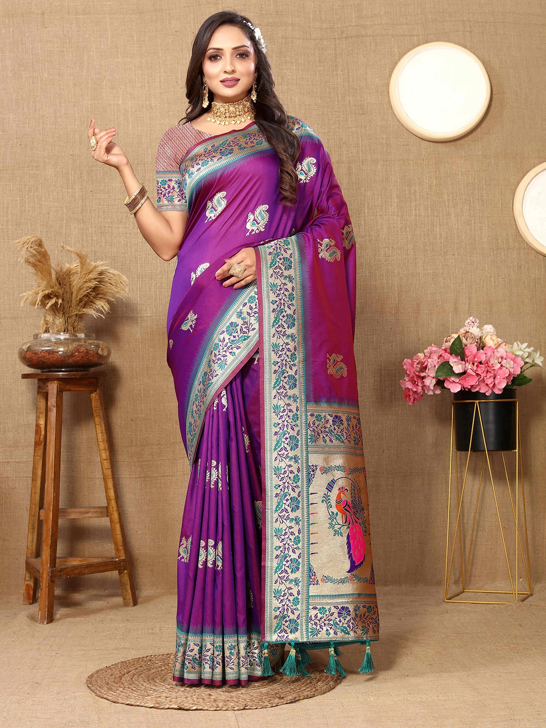 

PHEASANT Ethnic Motifs Woven Design Zari Pure Silk Paithani Saree, Purple