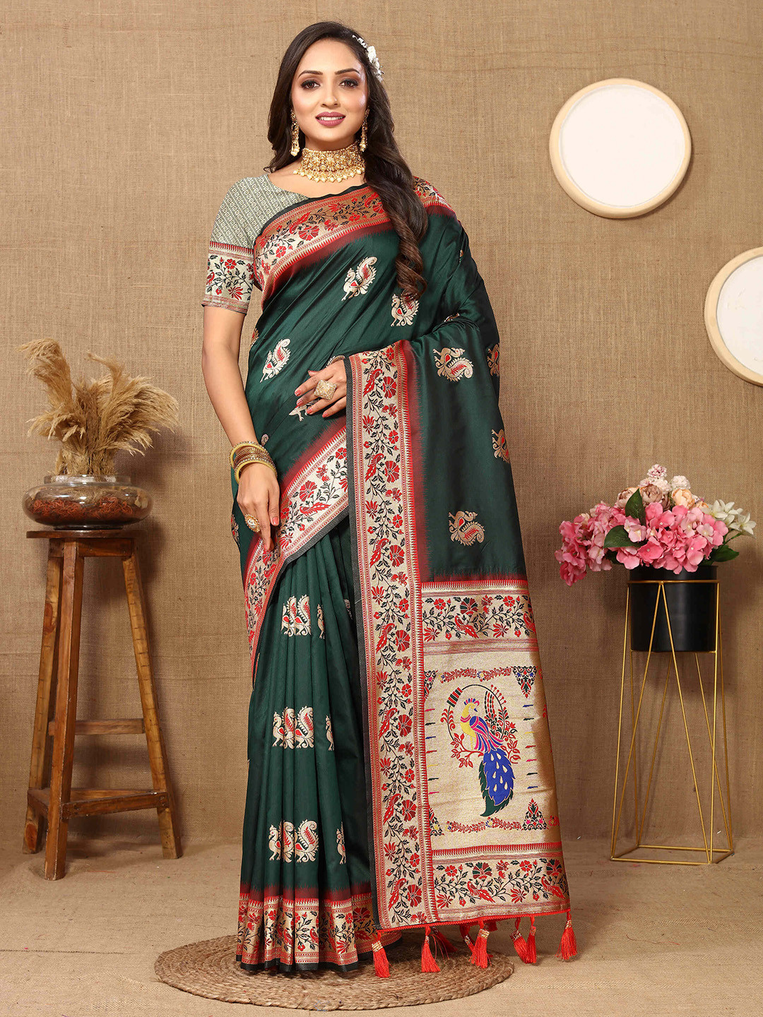 

PHEASANT Ethnic Motifs Woven Design Zari Pure Silk Paithani Saree, Green