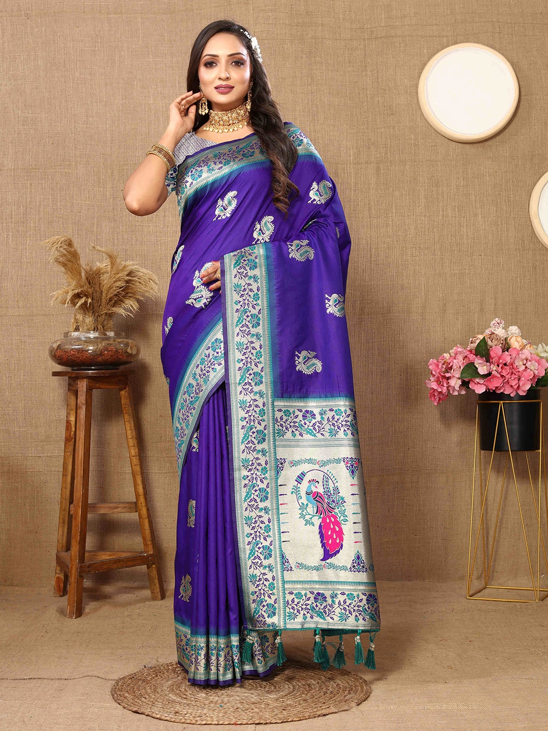 

PHEASANT Woven Design Zari Pure Silk Paithani Saree, Blue