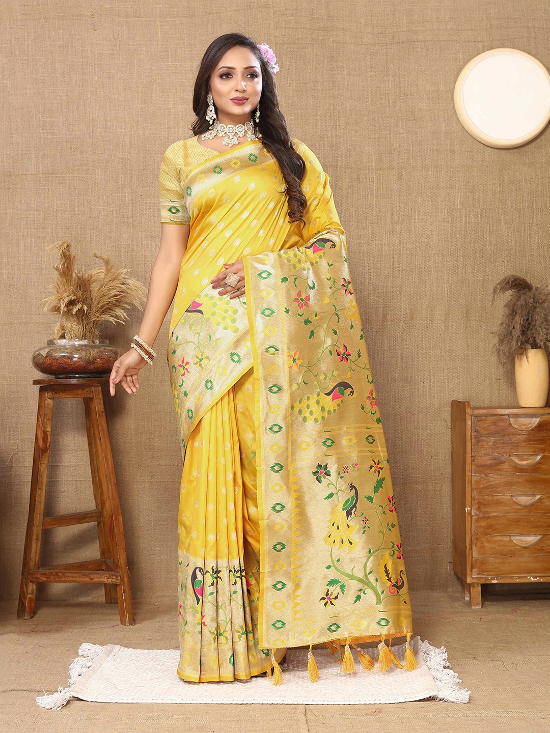 

PHEASANT Ethnic Motifs Zari Pure Silk Paithani Saree, Yellow