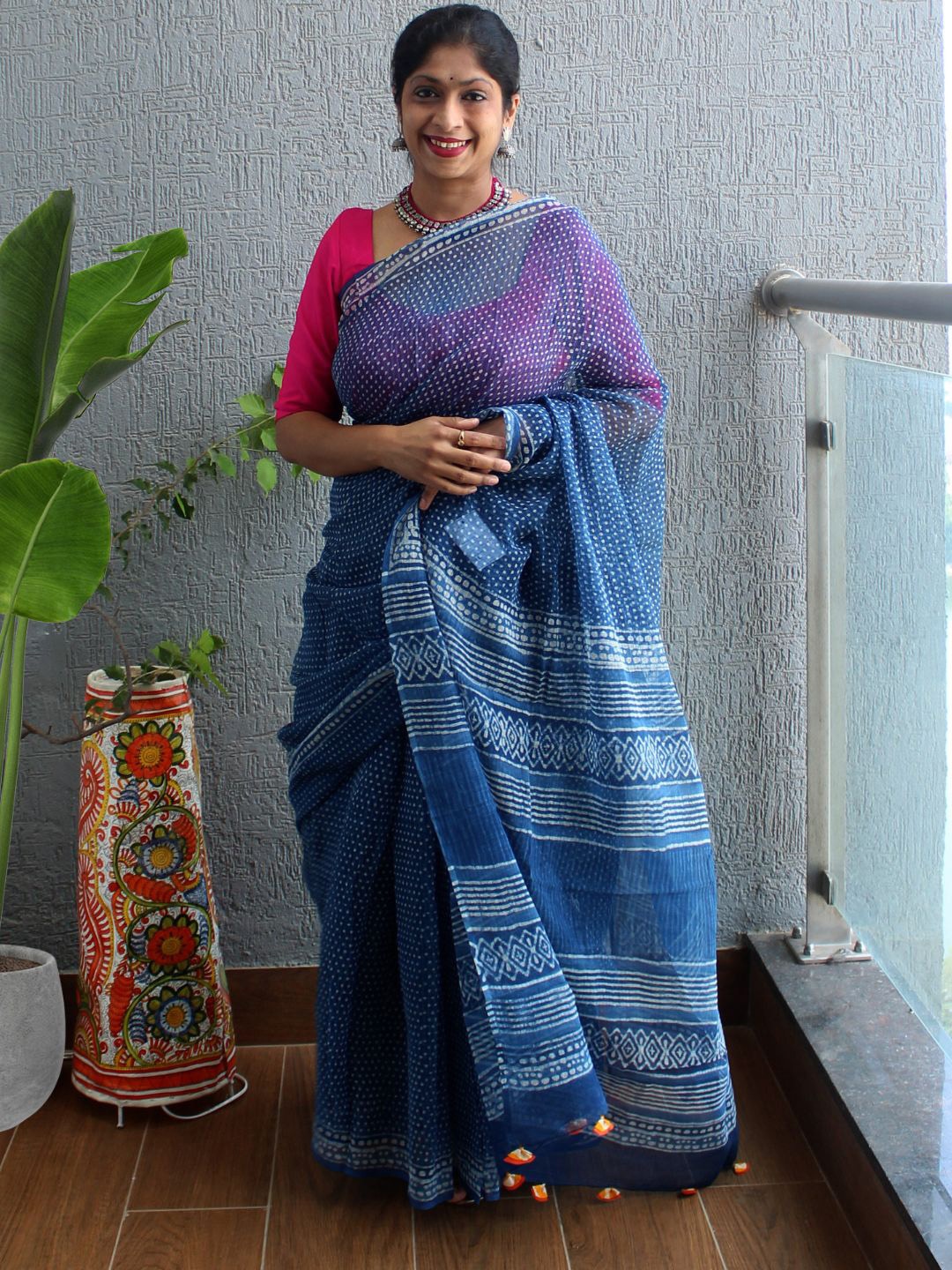 

Weaves of Tradition Polka Dot Pure Cotton Bagru Saree, Blue