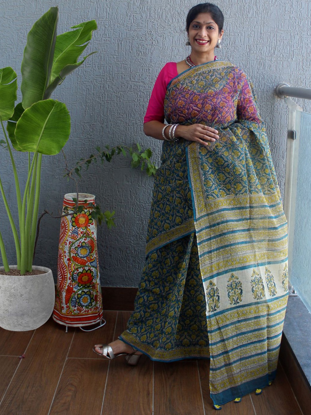 

Weaves of Tradition Ethnic Motifs Printed Pure Cotton Kota Saree, Blue