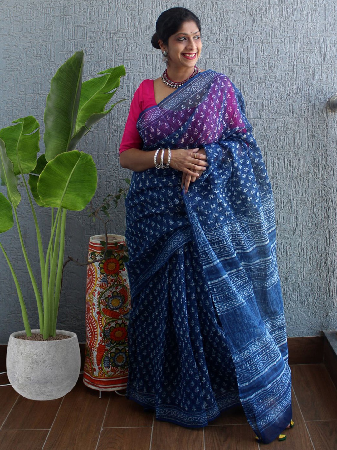 

Weaves of Tradition Ethnic Motifs Printed Pure Cotton Bagru Saree, Blue