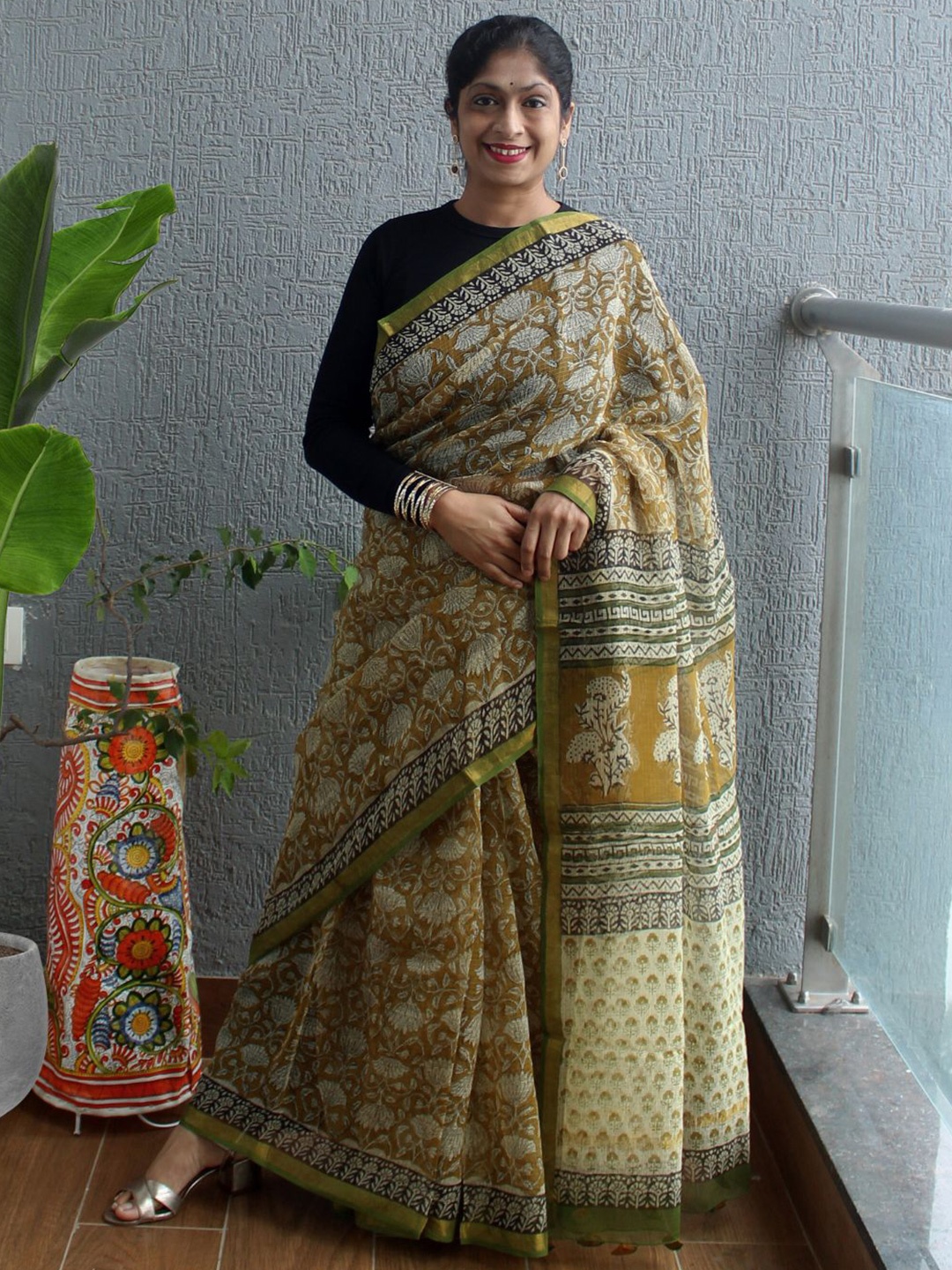 

Weaves of Tradition Ethnic Motifs Printed Zari Pure Cotton Bagru Saree, Mustard