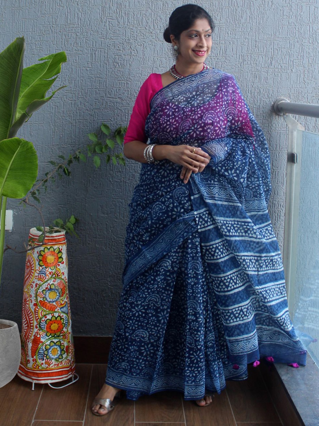 

Weaves of Tradition Ethnic Motifs Printed Pure Cotton Bagru Saree, Blue