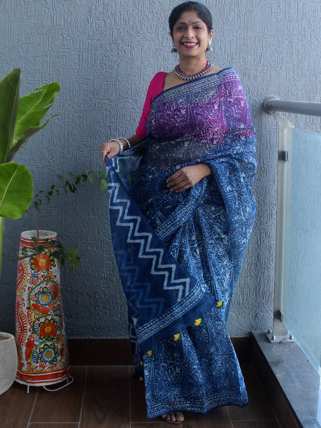 

Weaves of Tradition Ethnic Motifs Printed Pure Cotton Bagru Saree, Blue