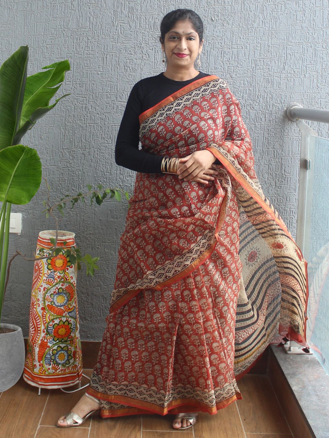 

Weaves of Tradition Bagh Printed Zari Pure Cotton Kota Saree, Maroon