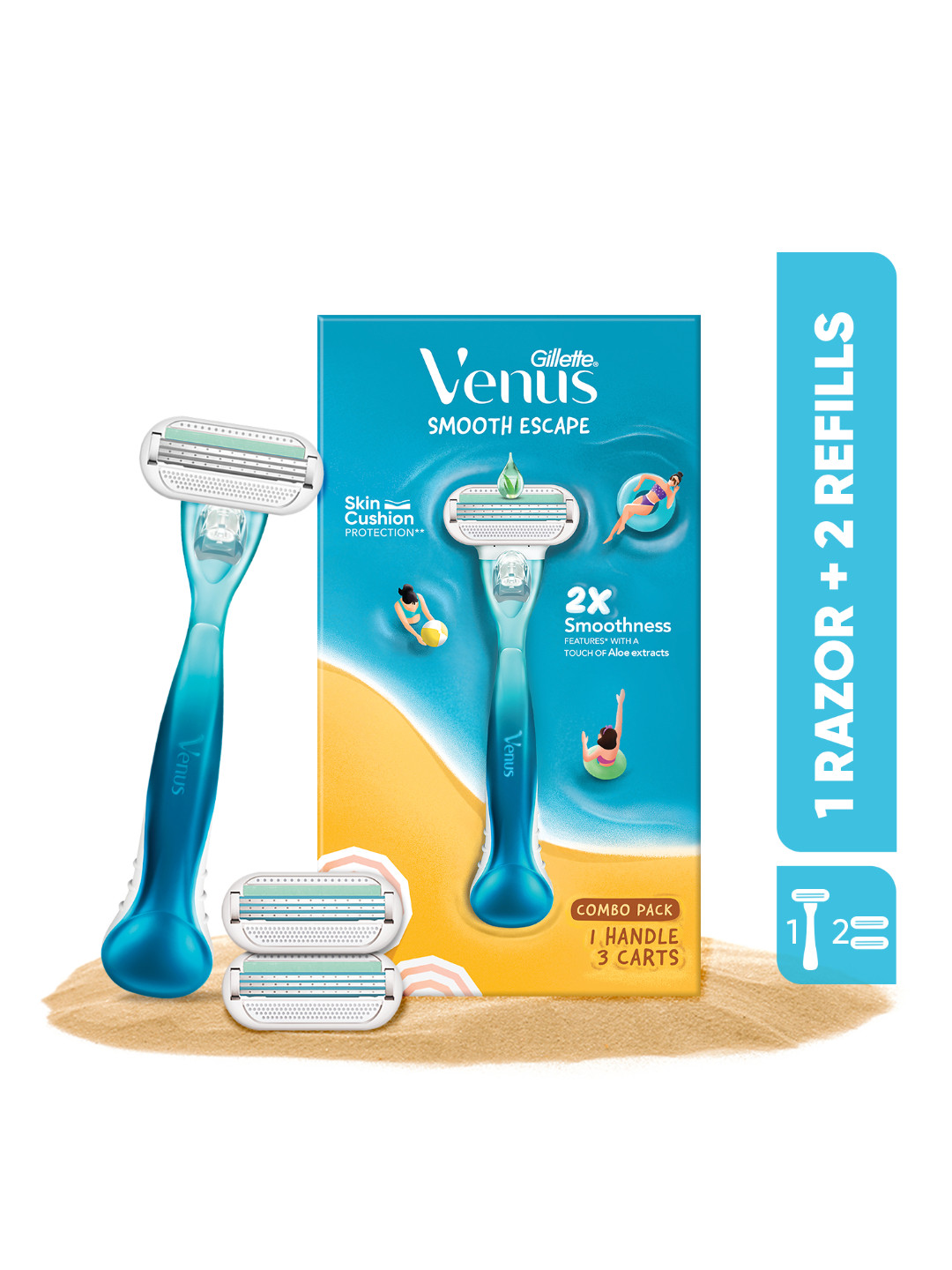 

Gillette Venus Aloe Vera Smooth Combo Pack - Razor With 2 Refills, Blue