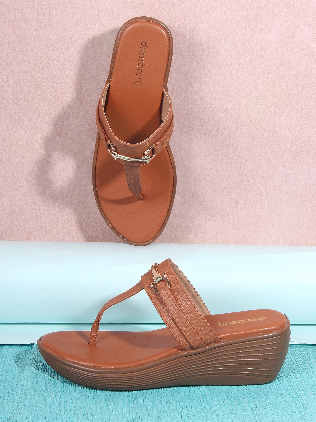 

DressBerry Tan Brown Open Toe Wedge Heels