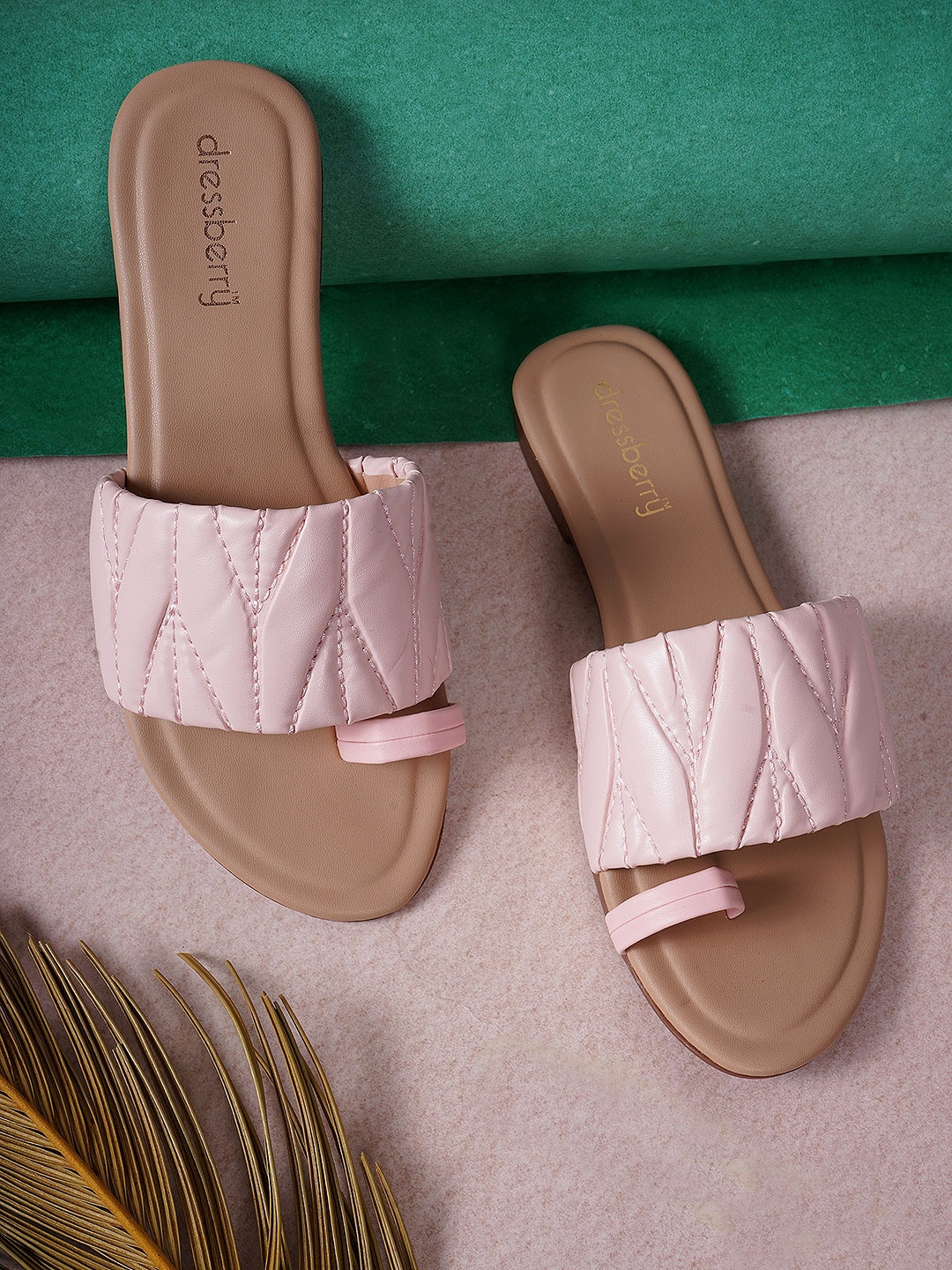 

DressBerry Pink Textured Open Toe Flats, Nude