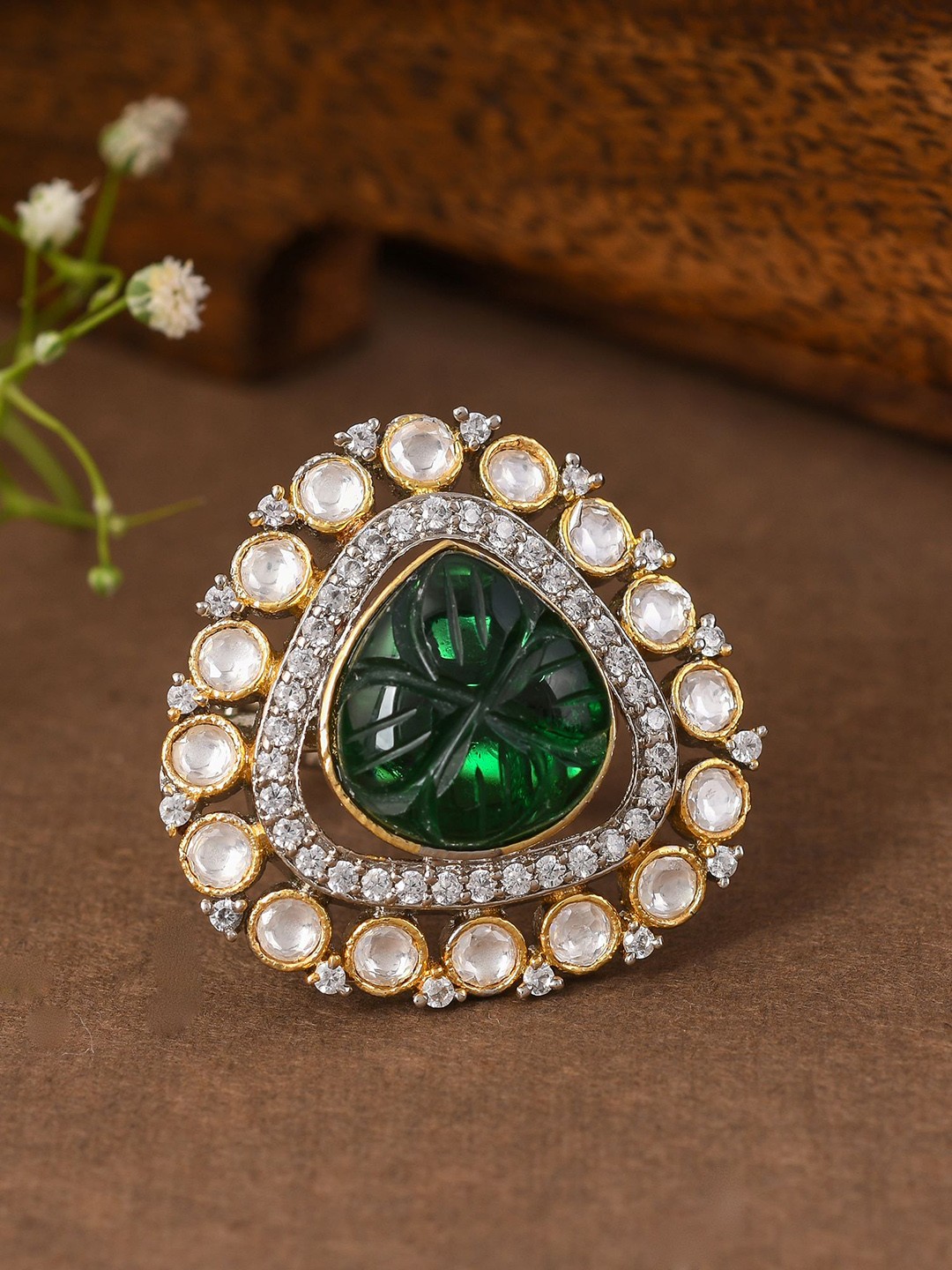 

Designbox Kundan & Cubic Zirconia -Studded Adjustable Finger Ring, Gold