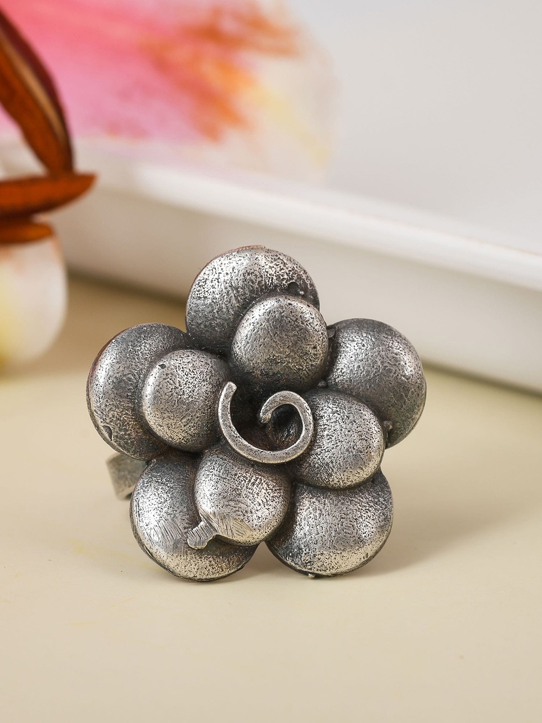 

Designbox Oxidised Floral-Shaped Adjustable Finger Ring, Silver