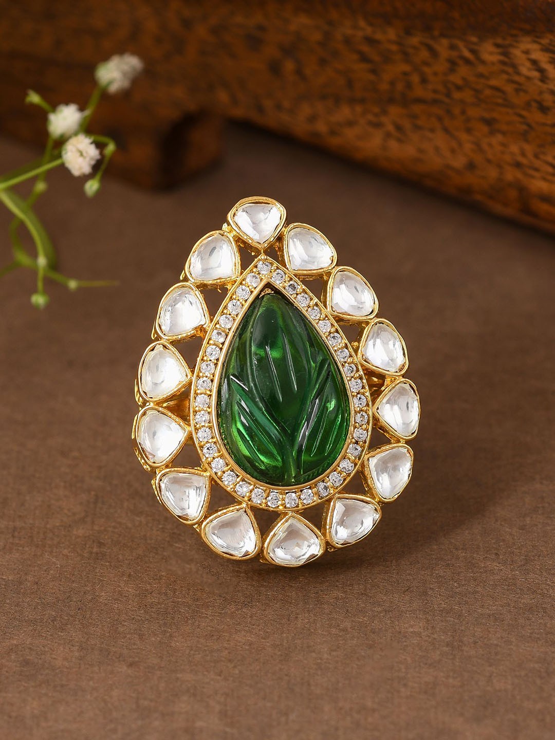 

Designbox Kundan & Cubic Zirconia -Studded Adjustable Finger Ring, Gold