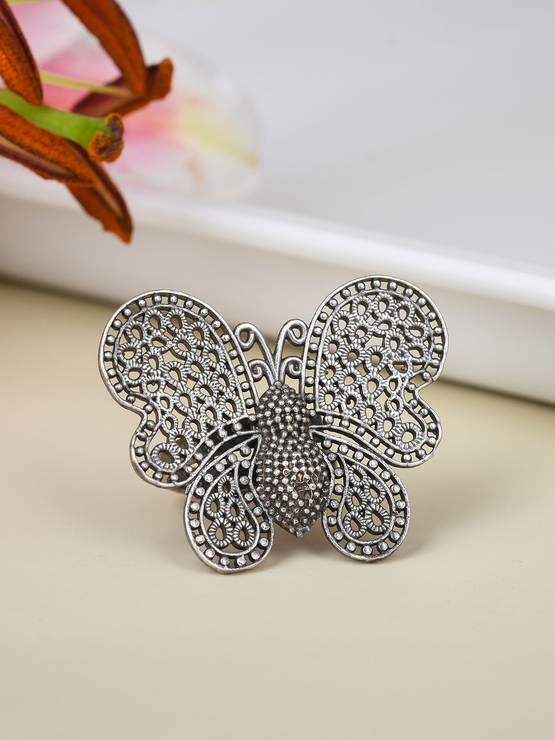 

Designbox Oxidised Butterfly-Shaped Adjustable Finger Ring, Silver