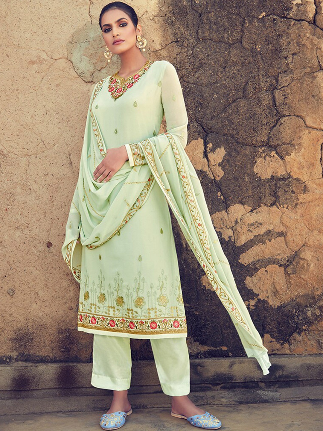 

KALINI Embroidered Thread Work Silk Georgette Straight Kurta With Trousers & Dupatta, Green