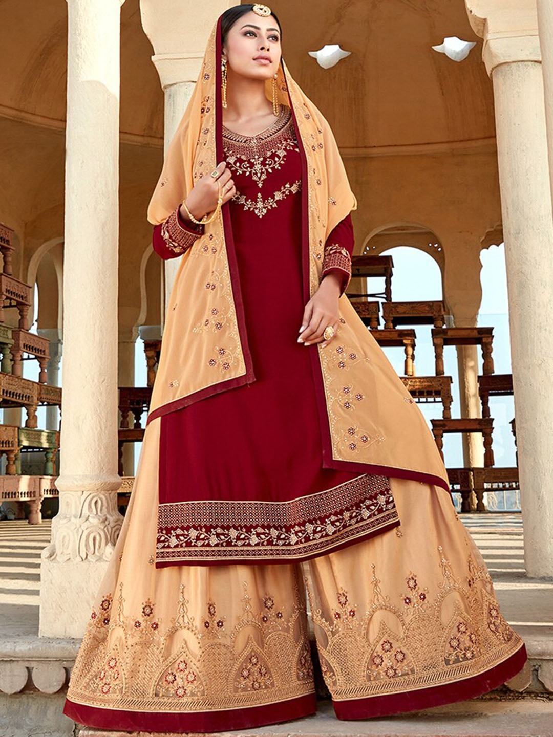 

KALINI Ethnic Motifs Embroidered Silk Georgette Straight Kurta With Sharara & Dupatta, Maroon