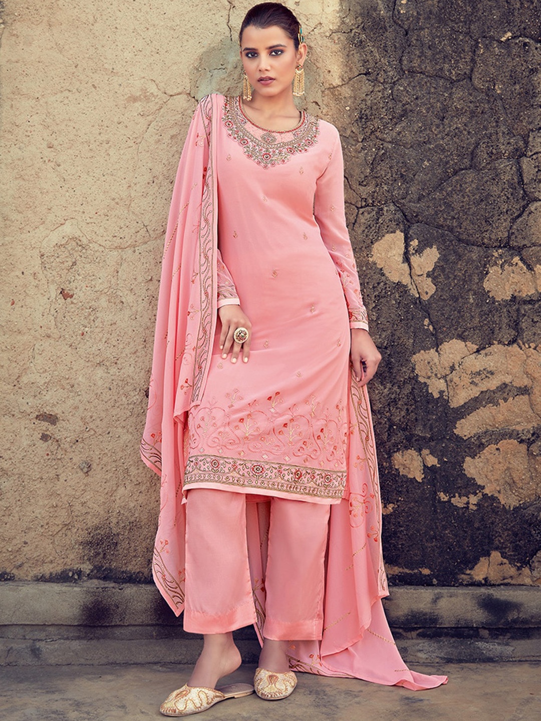 

KALINI Floral Embroidered Regular Beads And Stones Kurta with Trousers & Dupatta, Pink