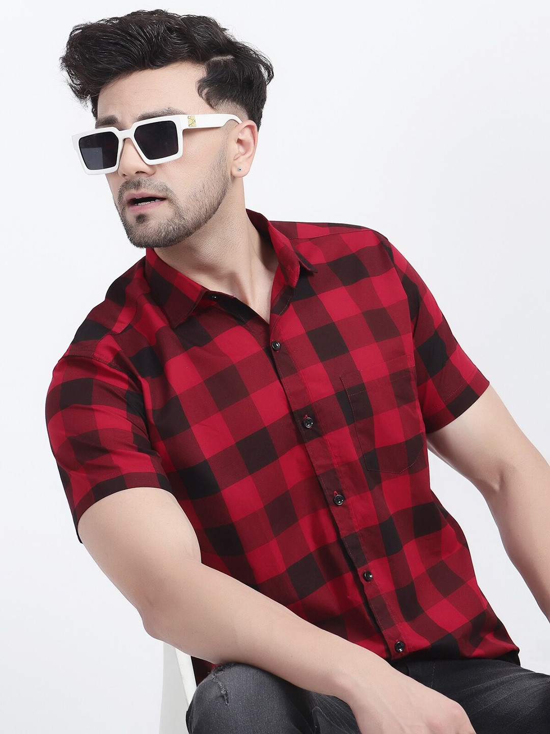 

LOUIS MONARCH Comfort Slim Fit Buffalo Checks Cotton Casual Shirt, Red