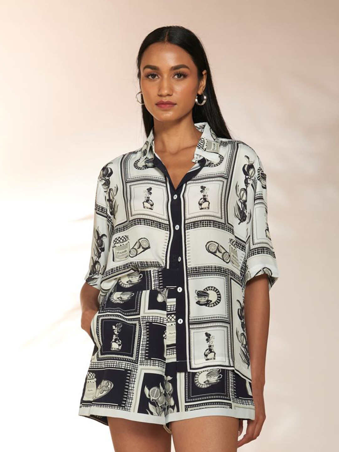

Masaba Shirt Collar Printed Shirt With Short Co-Ords, Black