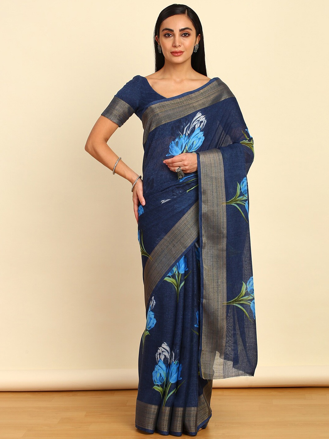 

Soch Floral Printed Pure Linen Zari Saree, Navy blue