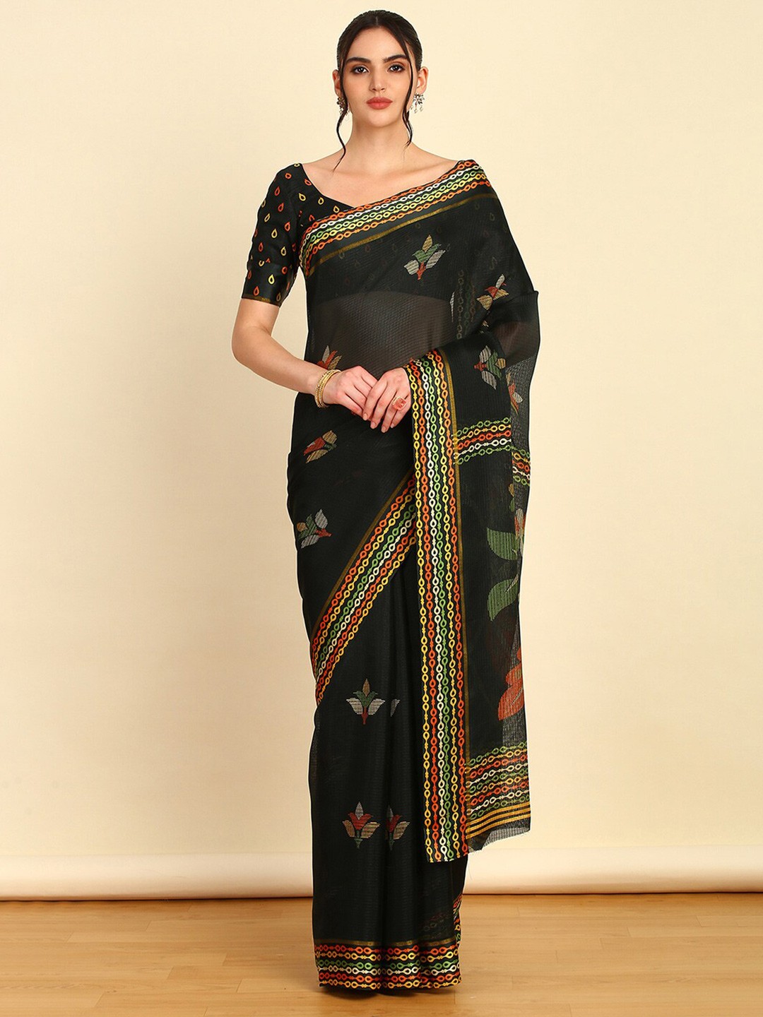 

Soch Floral Printed Pure Cotton Saree, Green