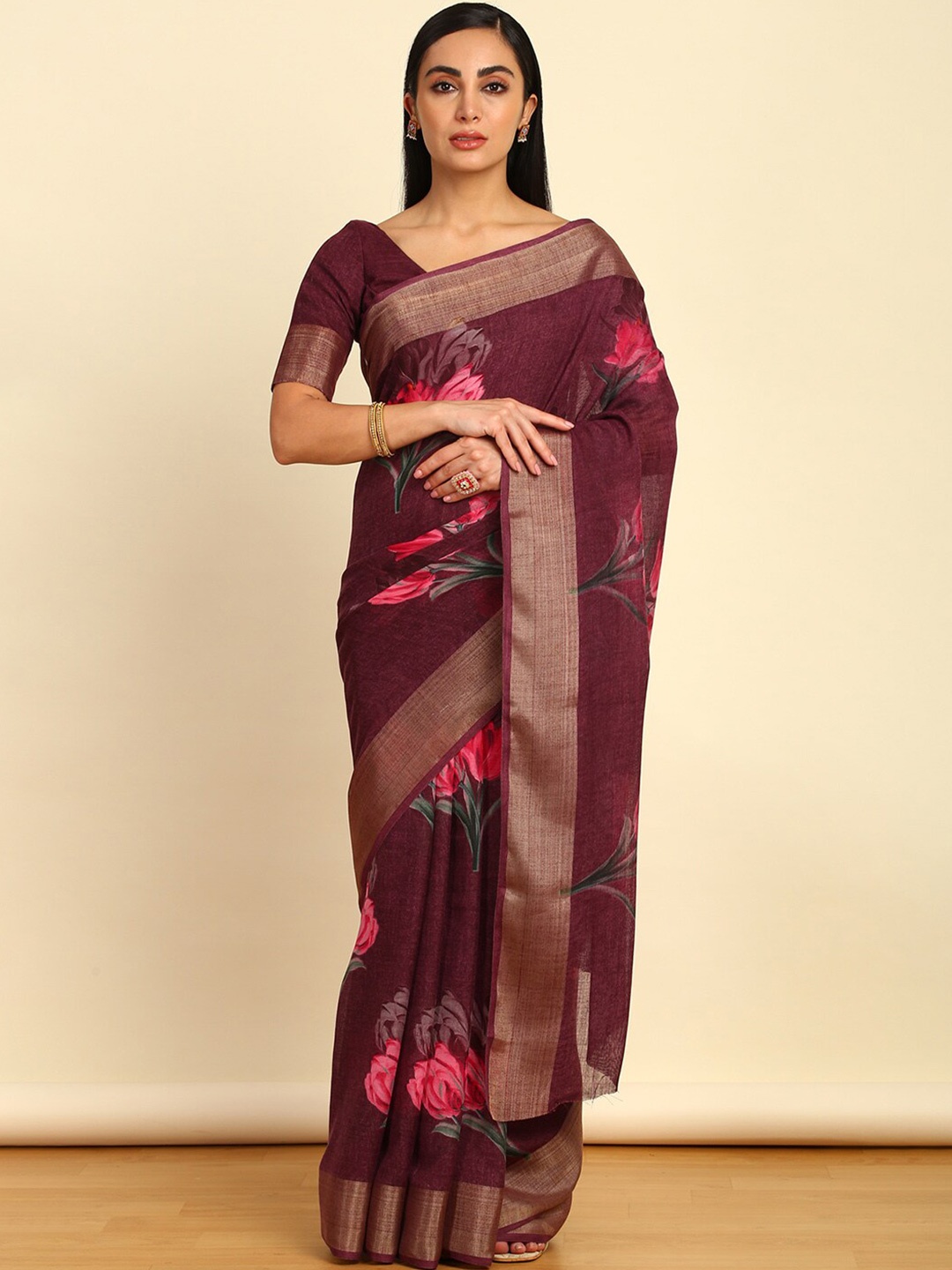 

Soch Floral Printed Pure Linen Saree, Burgundy