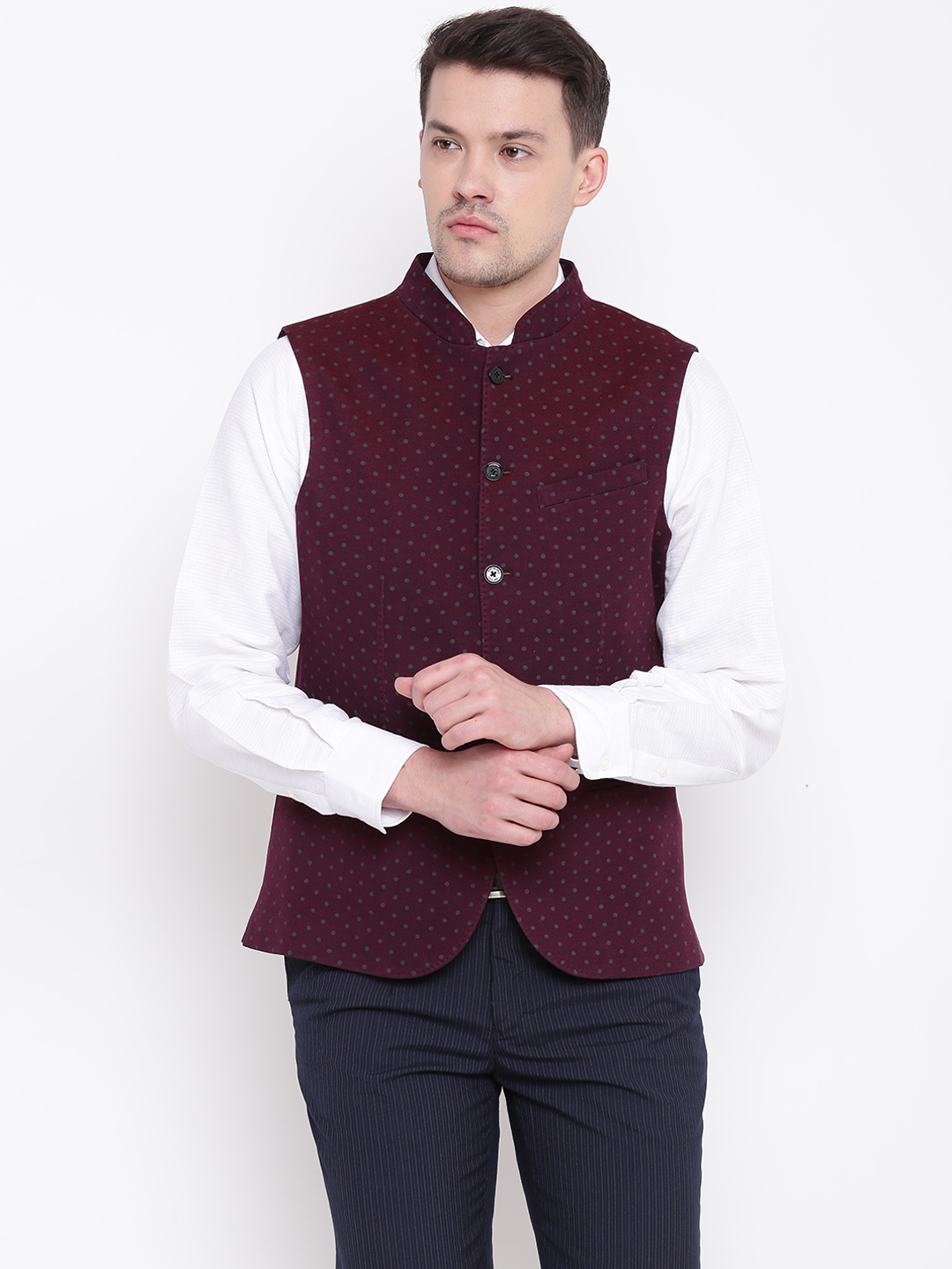 

Blackberrys Men Maroon Slim Fit Polka Dot Pure Cotton Nehru Jacket
