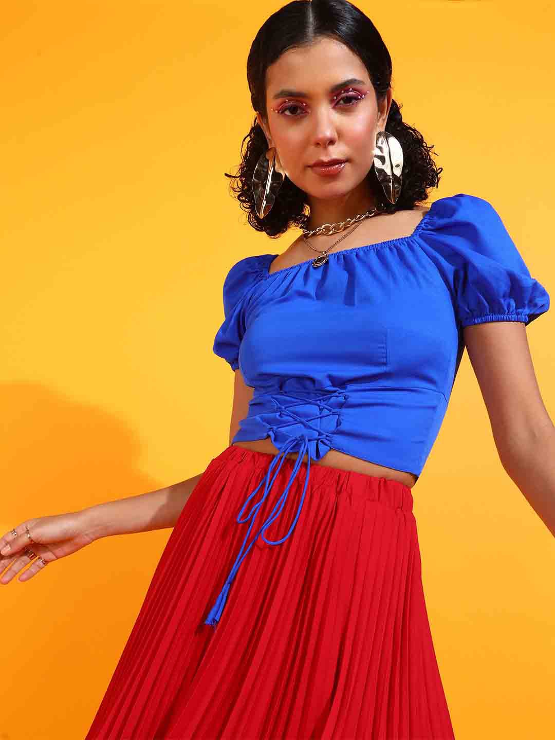 

RARE Square Neck Puff Sleeve Fitted Crop Top, Blue