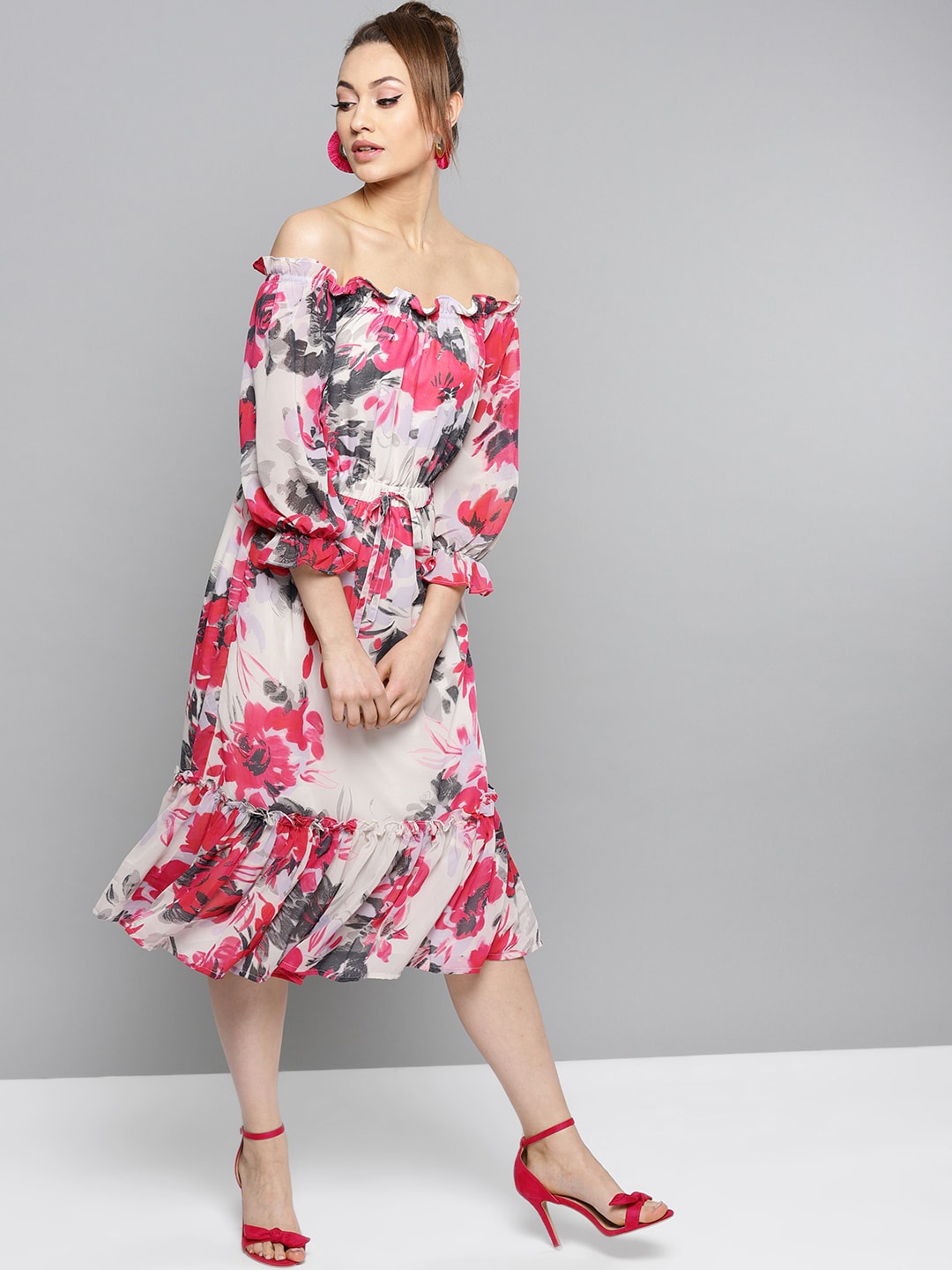 

RARE Floral Print Off-Shoulder Puff Sleeve A-Line Midi Dress, White