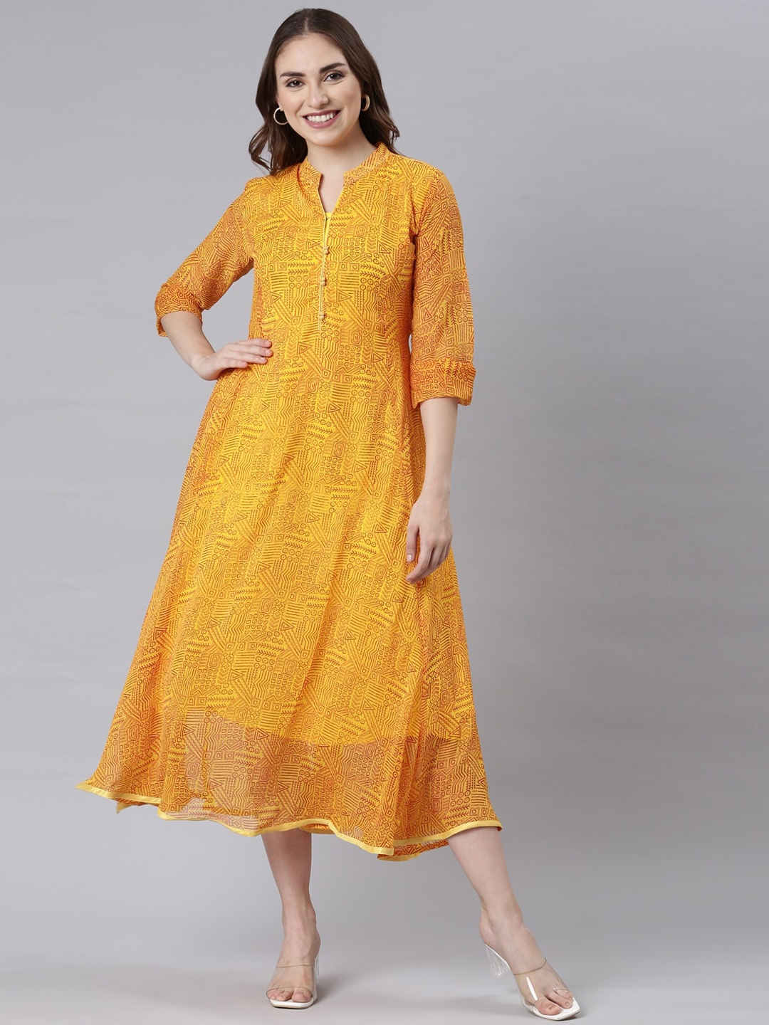 

Souchii Abstract Printed Mandarin Collar Chiffon A-Line Midi Ethnic Dress, Yellow