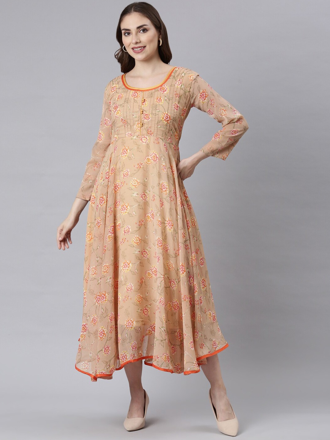 

Souchii Floral Printed Round Neck Fit & Flared Midi Ethnic Dress, Cream