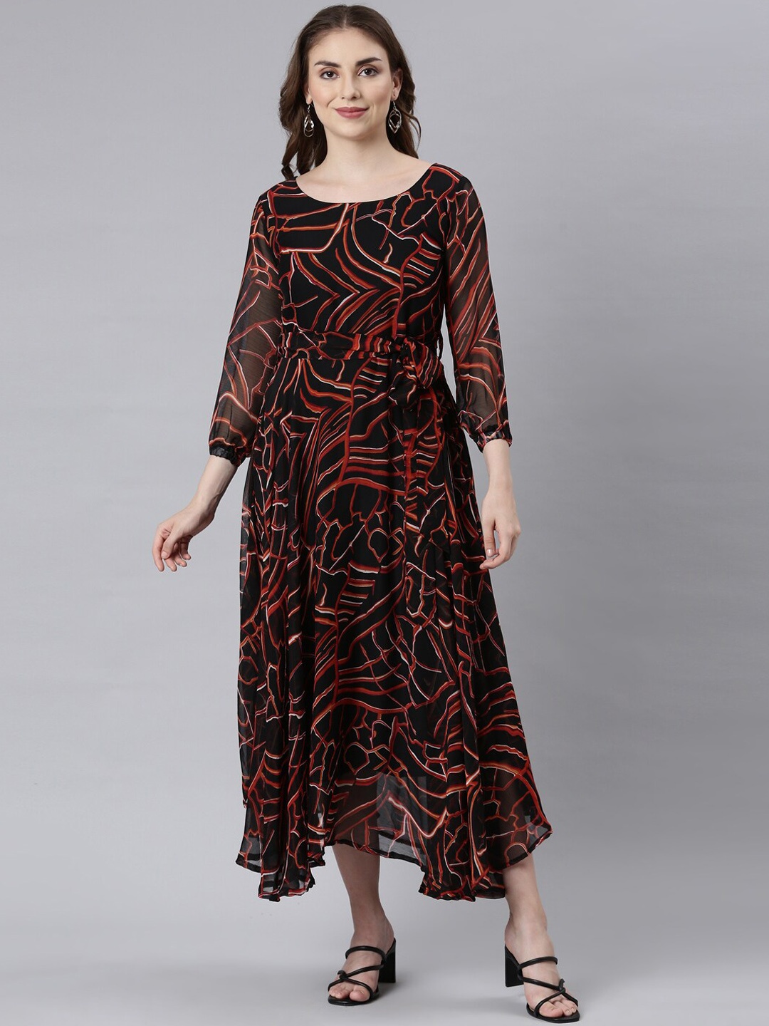 

Souchii Abstract Printed Round Neck Fit & Flare Midi Ethnic Dresses, Black
