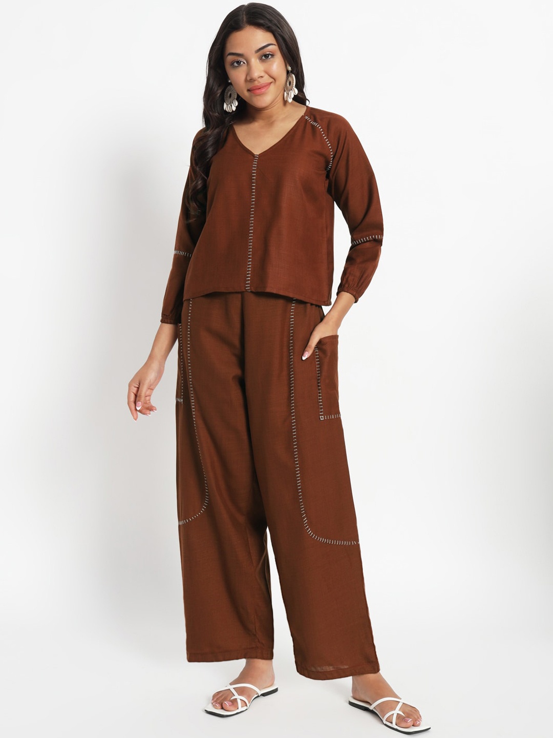 

9rasa Pure Cotton Top & Trousers Co-Ords, Brown