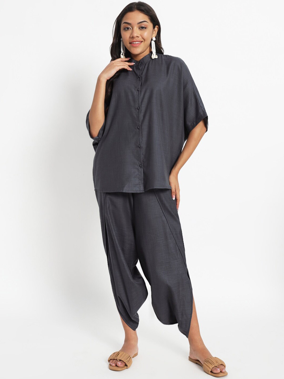 

9rasa Cotton Oversized Shirt with Dhoti Pants, Grey