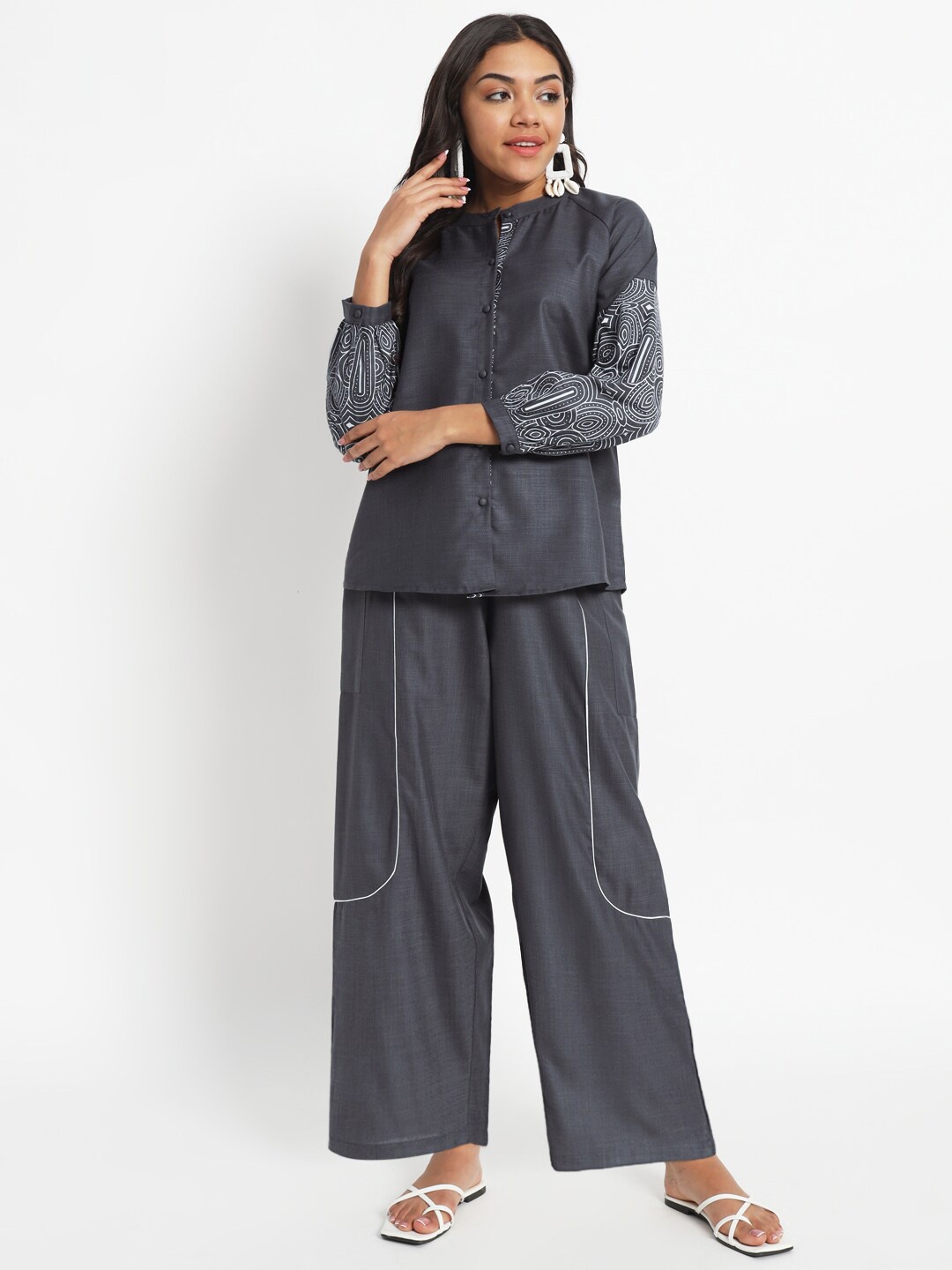 

9rasa Cotton Oversized Shirt with Trousers, Grey