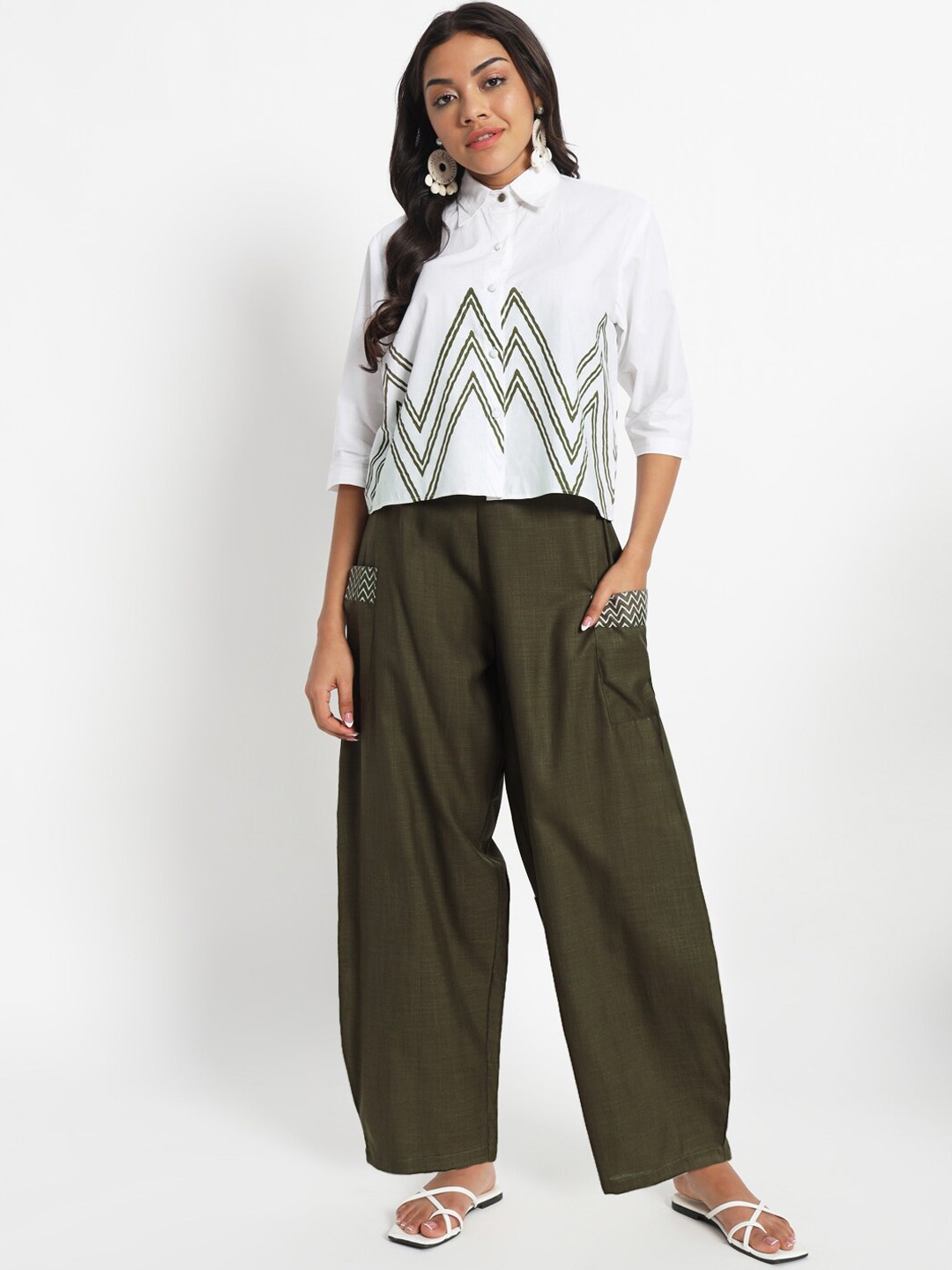 

9rasa Cotton Loose Fit Shirt with Trousers, Olive