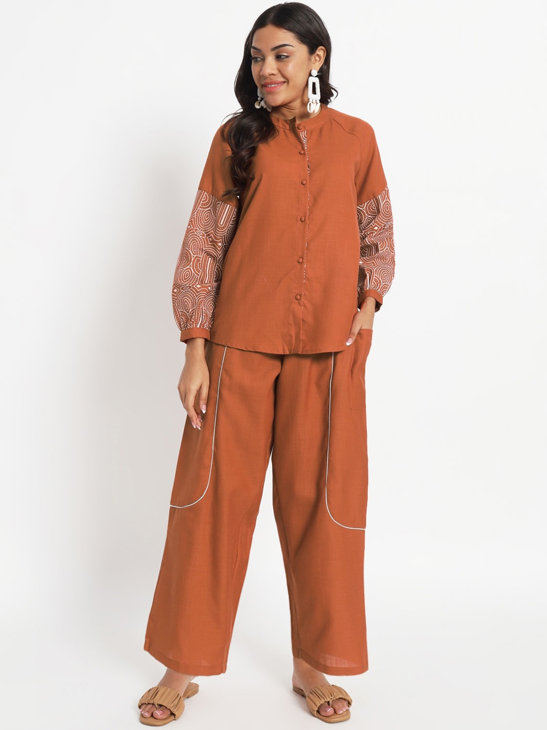 

9rasa Cotton Oversized Shirt with Trousers, Rust