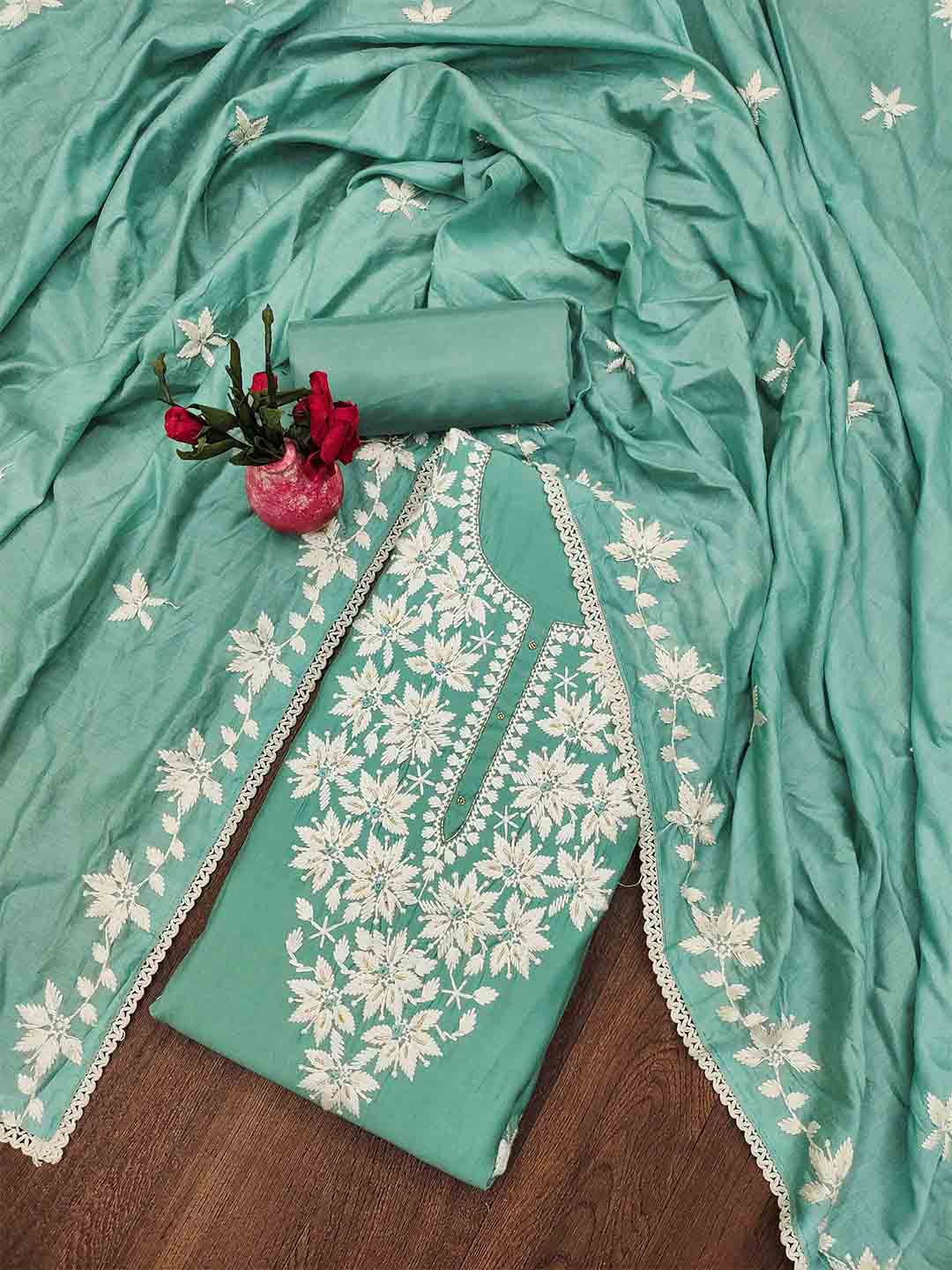 

SHADOW & SAINING Embroidered Unstitched Dress Material, Sea green