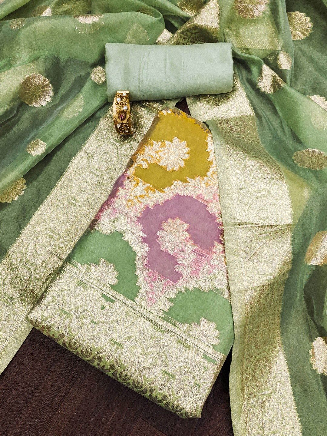 

SHADOW & SAINING Organza Unstitched Dress Material, Green