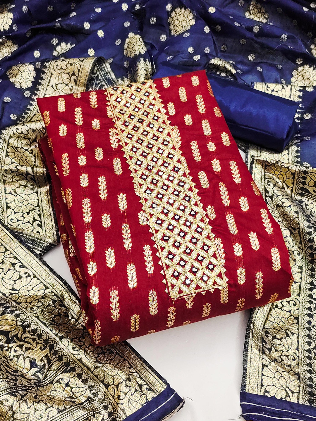 

SHADOW & SAINING Ethnic Motifs Woven Design Jacquard Unstitched Dress Material, Maroon