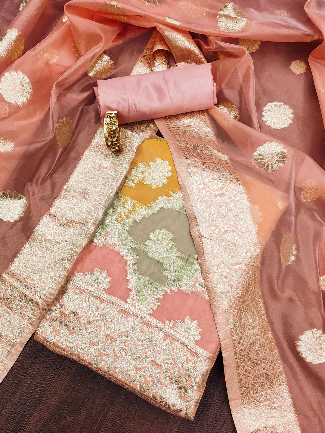 

SHADOW & SAINING Ethnic Motifs Woven Design Organza Unstitched Dress Material, Pink
