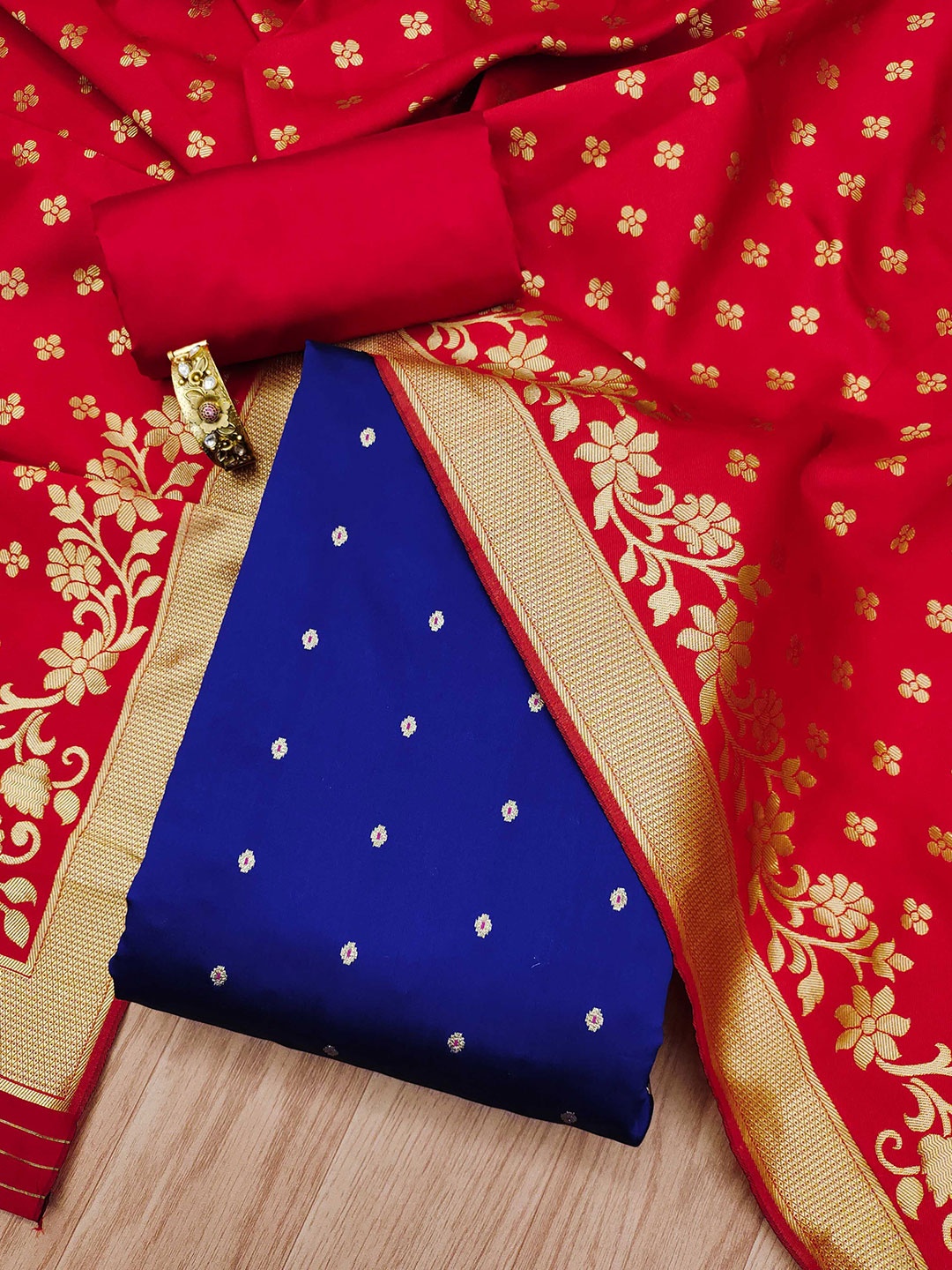 

SHADOW & SAINING Ethnic Motifs Woven Design Unstitched Dress Material, Blue