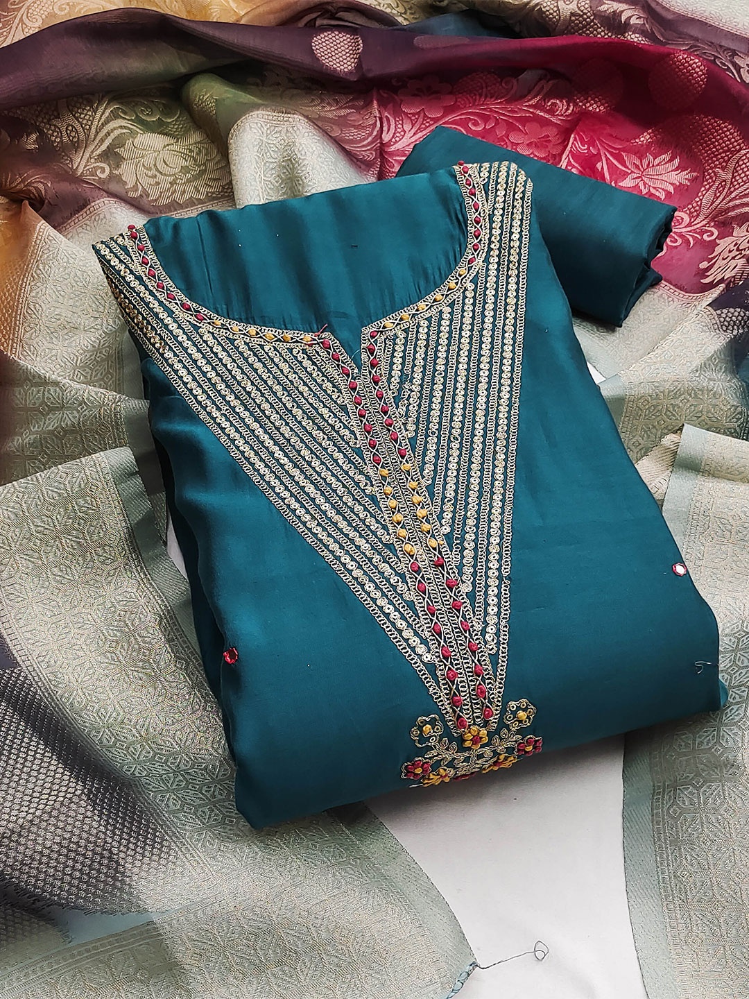 

SHADOW & SAINING Ethnic Motifs Sequinned Embroidered Unstitched Dress Material, Teal