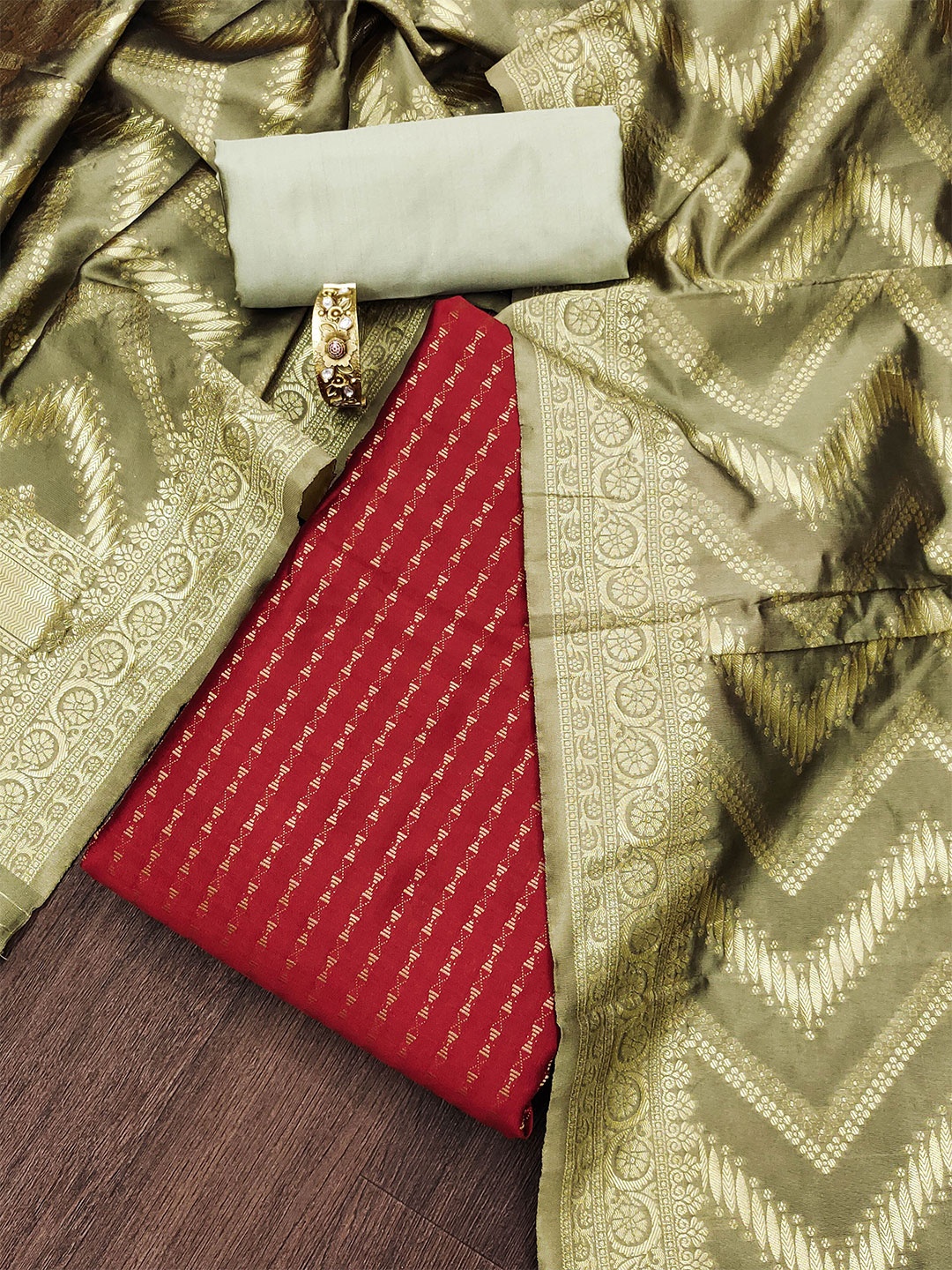

SHADOW & SAINING Striped Woven Design Banarasi Silk Unstitched Dress Material, Red