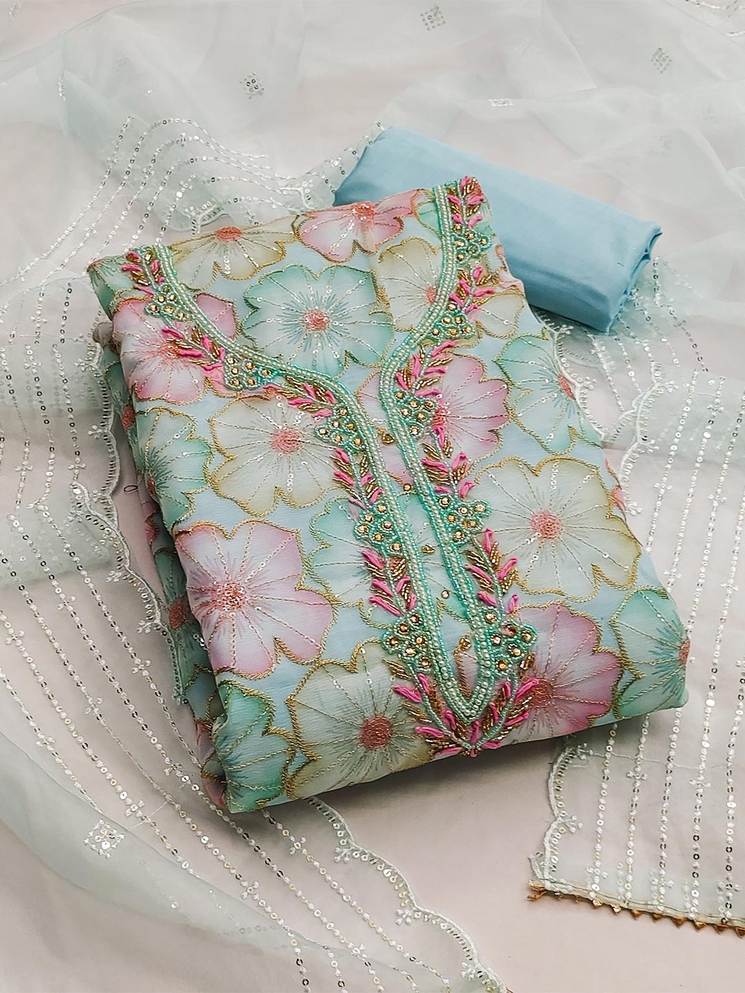 

SHADOW & SAINING Floral Embroidered Organza Unstitched Dress Material, Teal