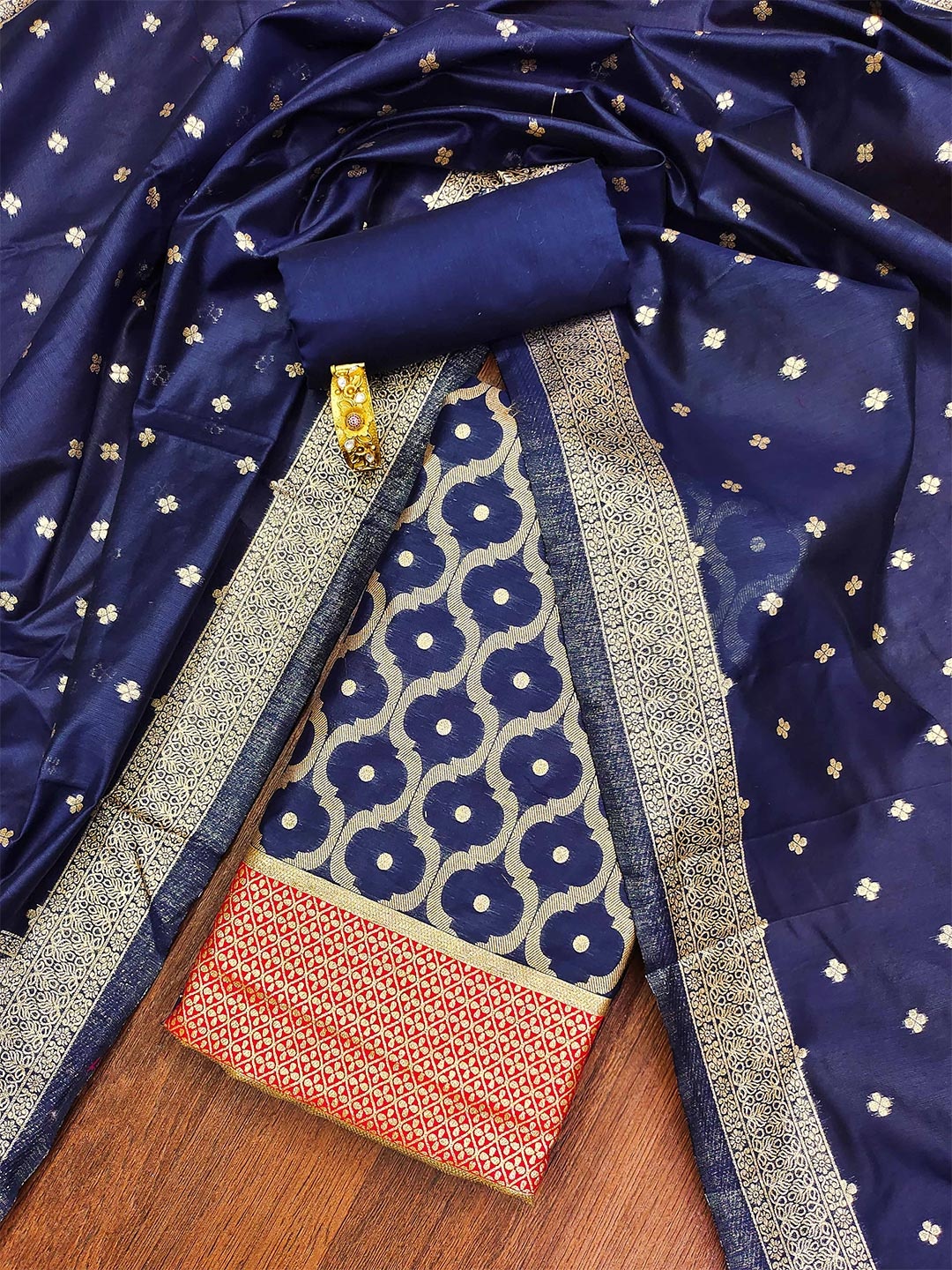 

SHADOW & SAINING Floral Woven Design Unstitched Dress Material, Navy blue