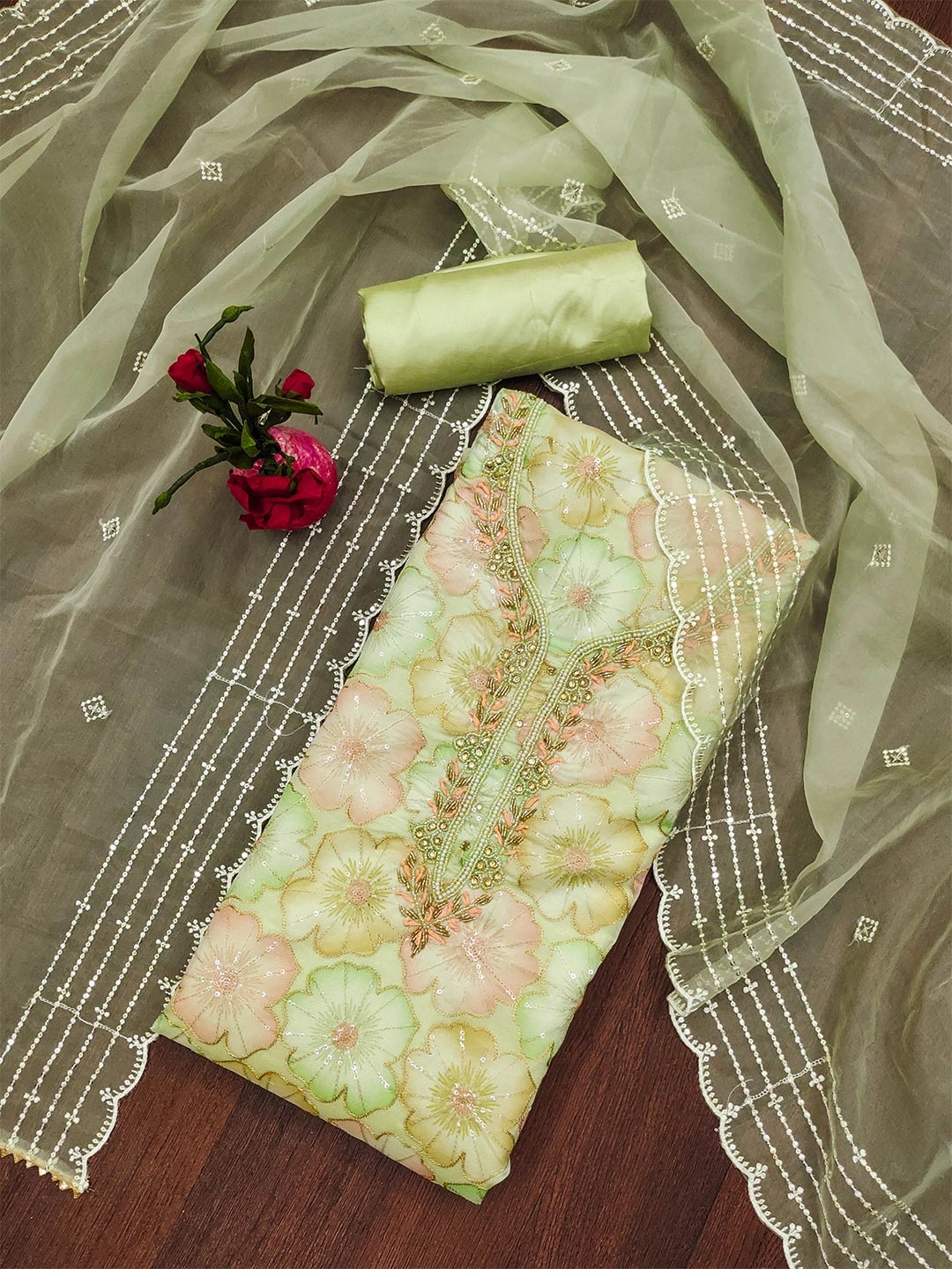 

SHADOW & SAINING Embroidered Organza Unstitched Dress Material, Sea green