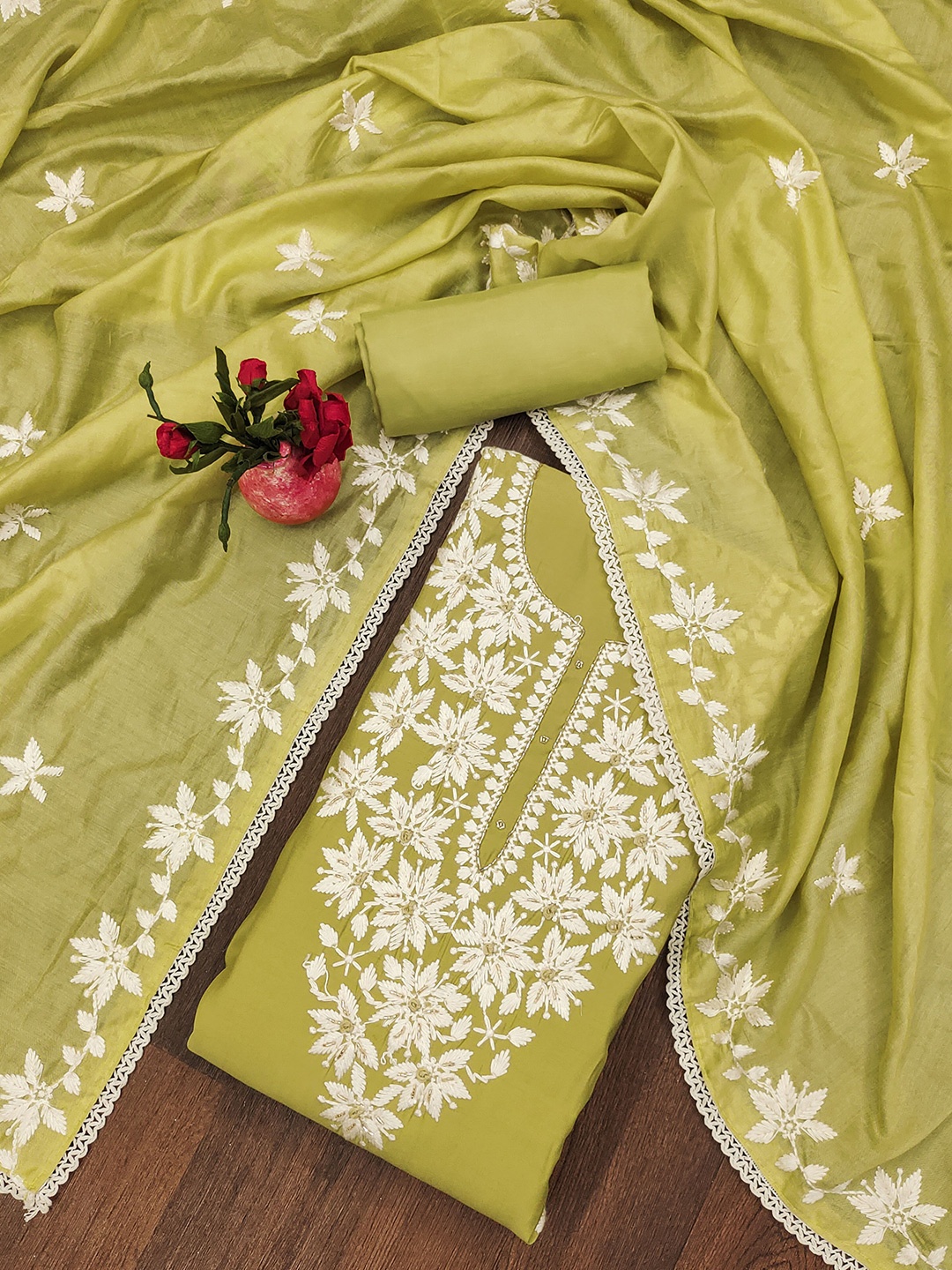 

SHADOW & SAINING Floral Embroidered Unstitched Dress Material, Lime green