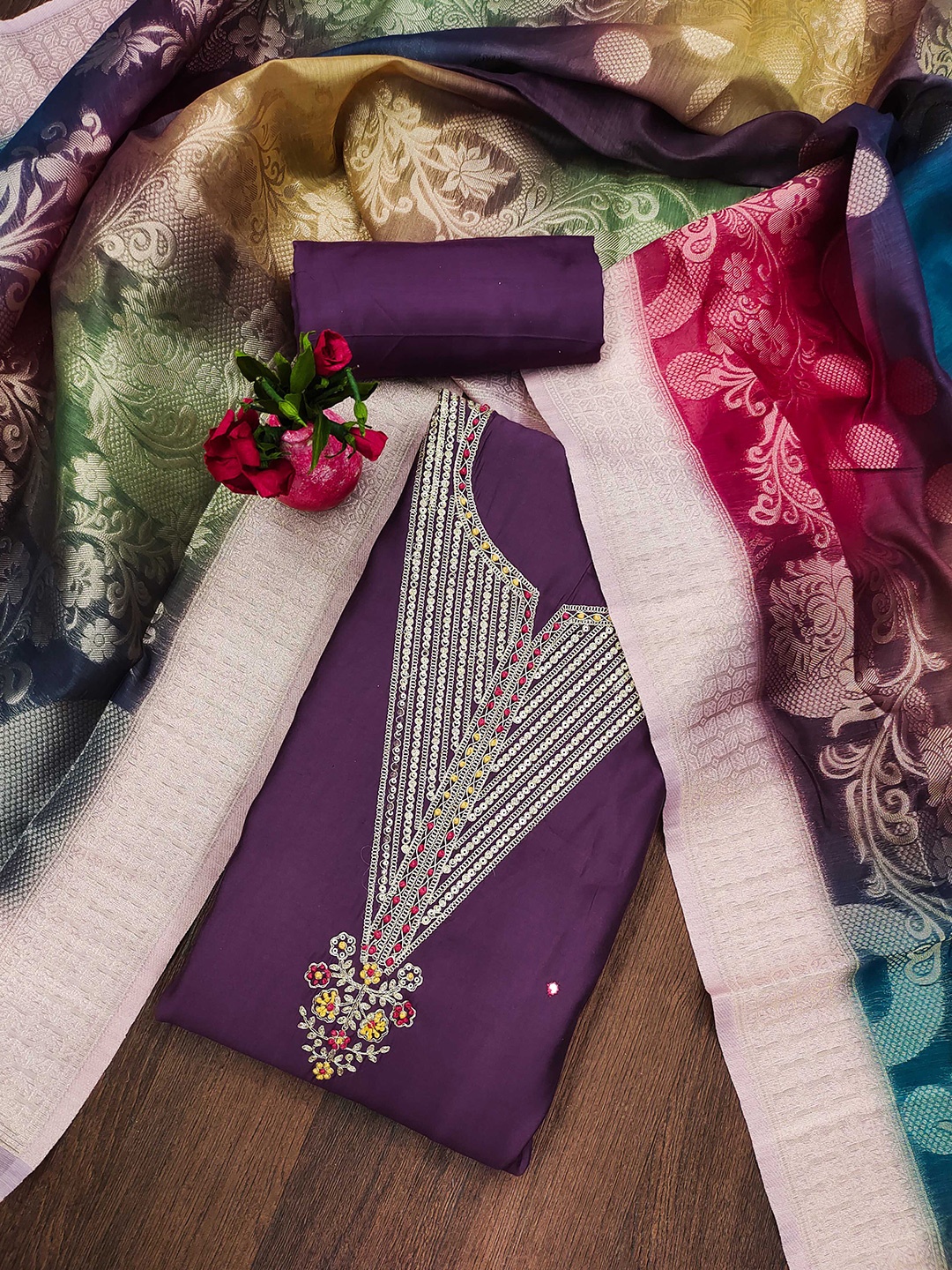 

SHADOW & SAINING Ethnic Motifs Embroidered Unstitched Dress Material, Purple